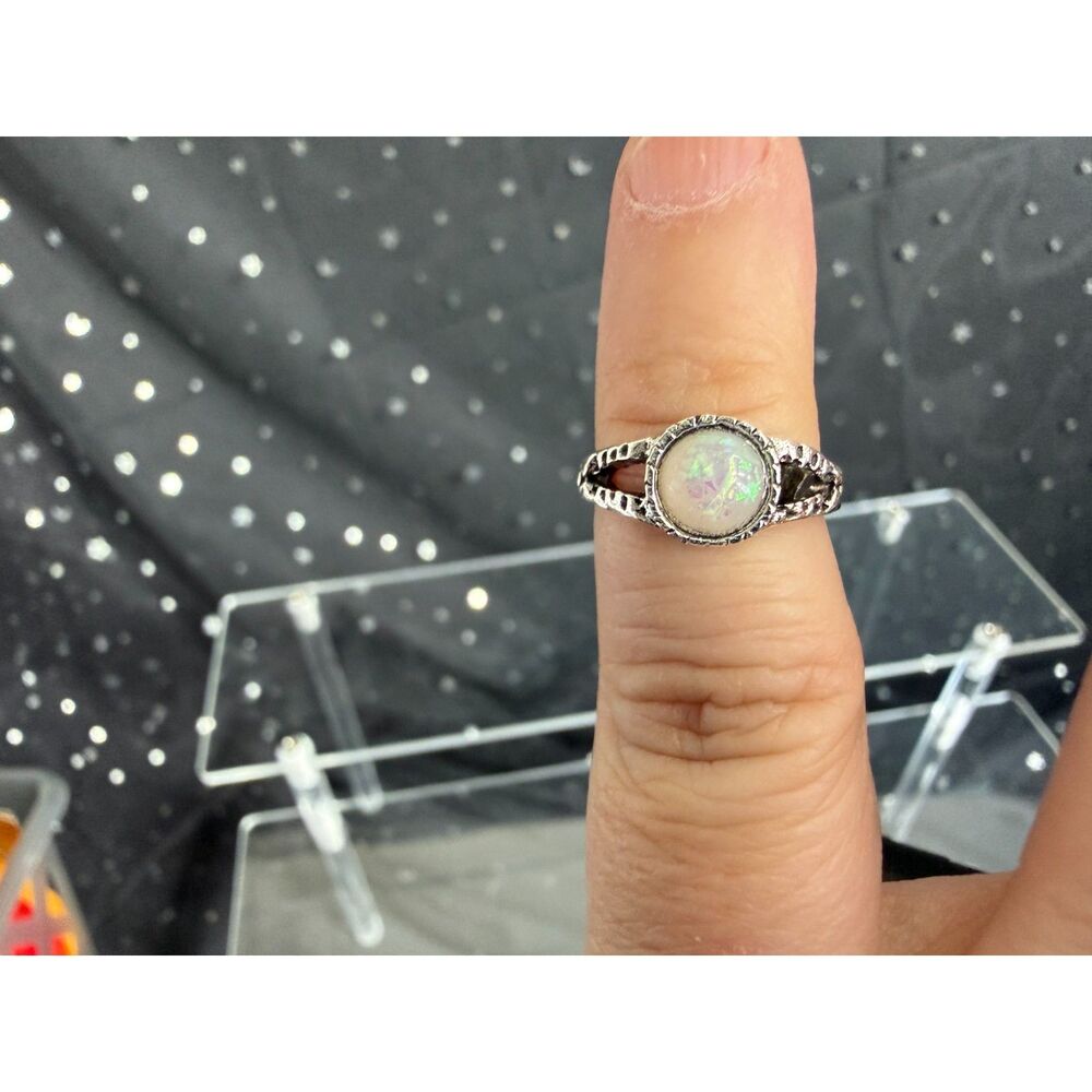 Round Opal Look Ring Size 3.5, Silver Tone Iridescent Ring